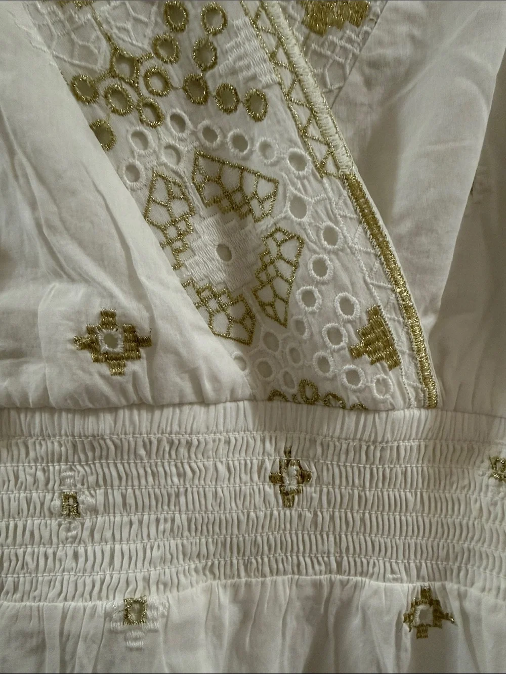 Soft Surroundings PS Petite Small White Gold Embroidered Cotton Midi Dress Boho
